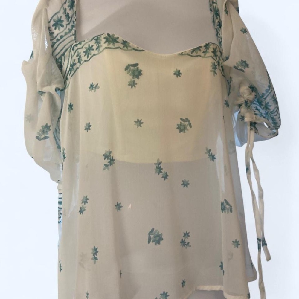 Charlotte Russe Sheer Floral Blouse - White and Green off the shoulder L NWT